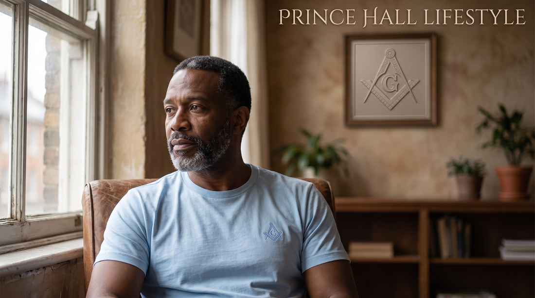 A Prince Hall Freemason in a light-blue Masonic tee reflecting quietly by a window