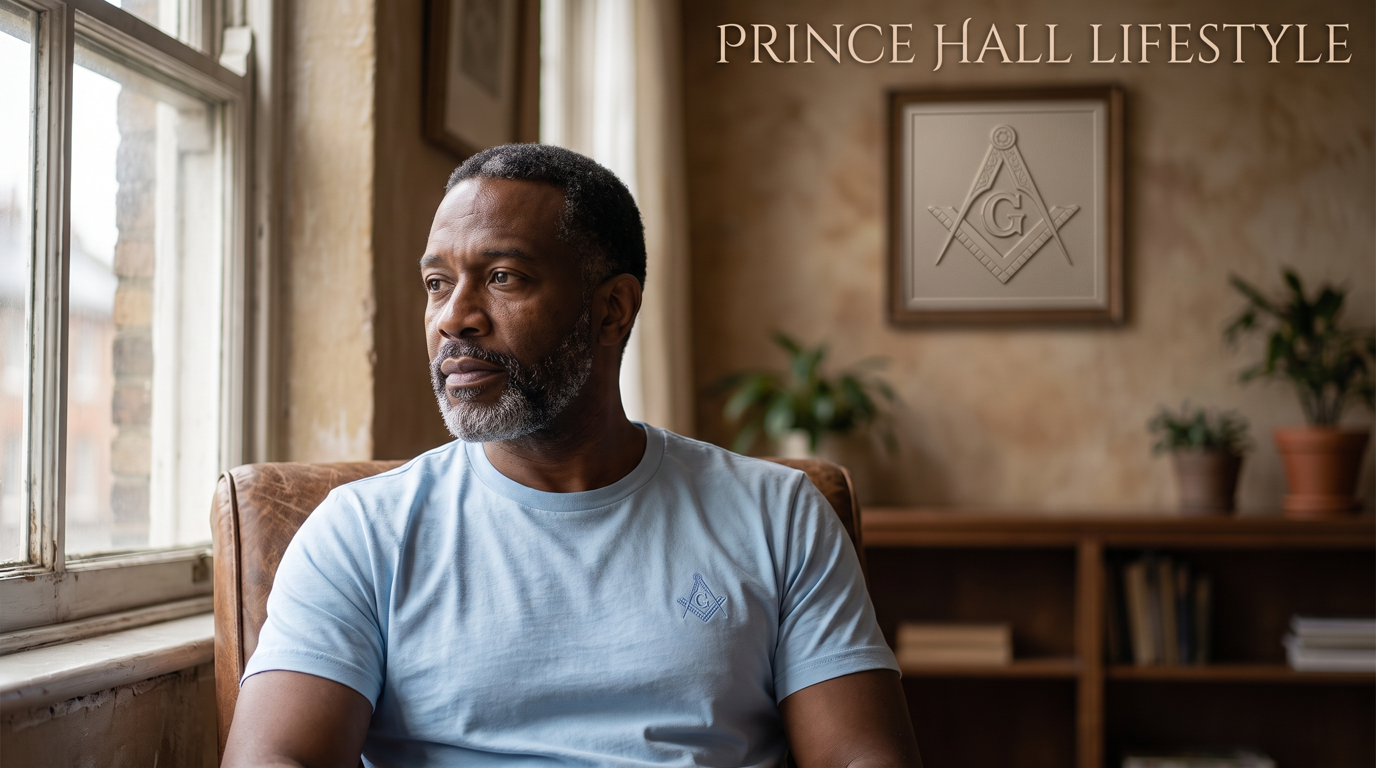 A Prince Hall Freemason in a light-blue Masonic tee reflecting quietly by a window