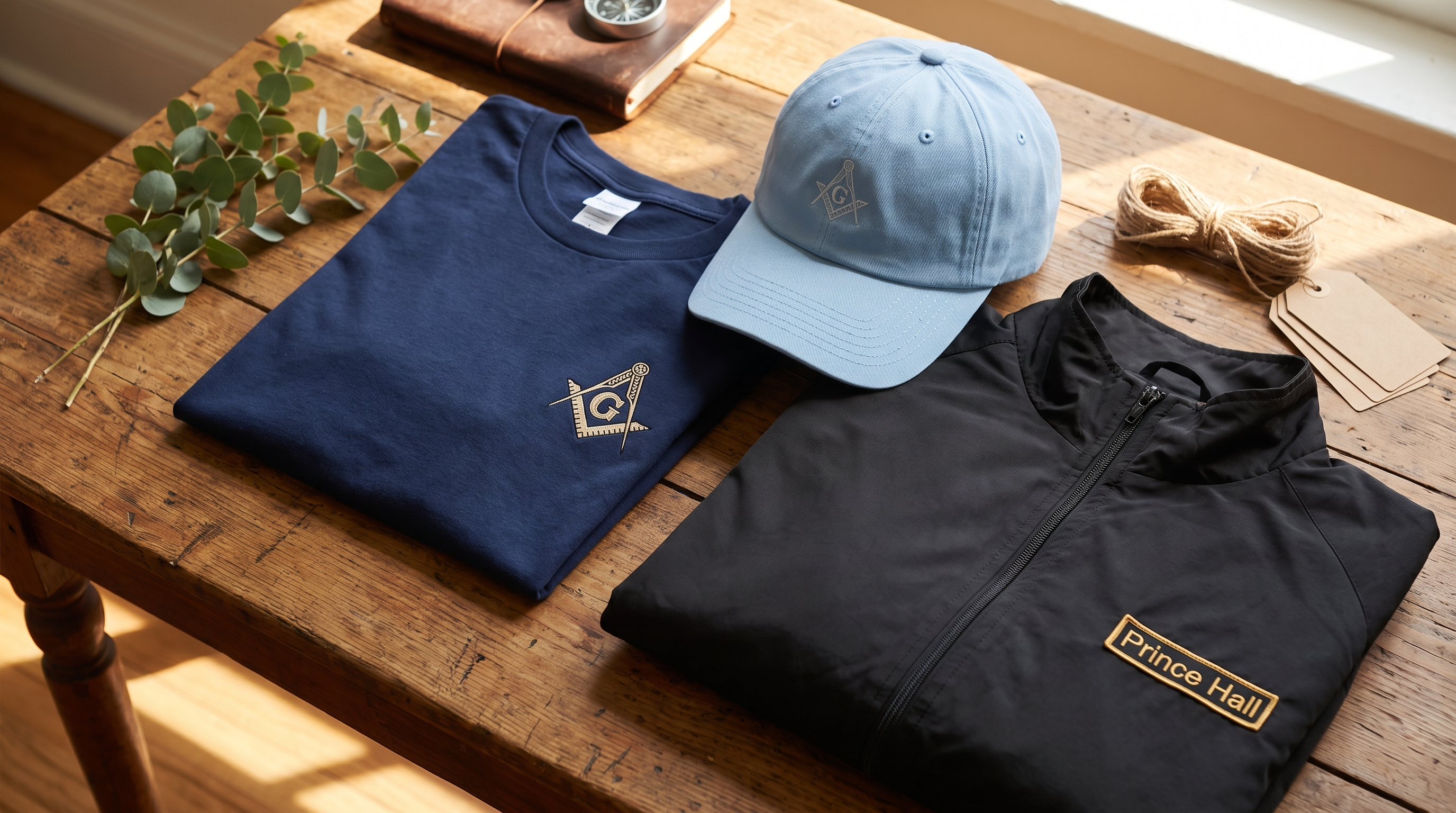 Flat-lay of premium Masonic apparel gifts — folded tee, cap, and track jacket on a wooden table