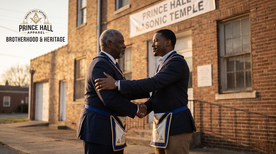 Two Prince Hall Masonic brothers sharing a warm handshake at golden hour