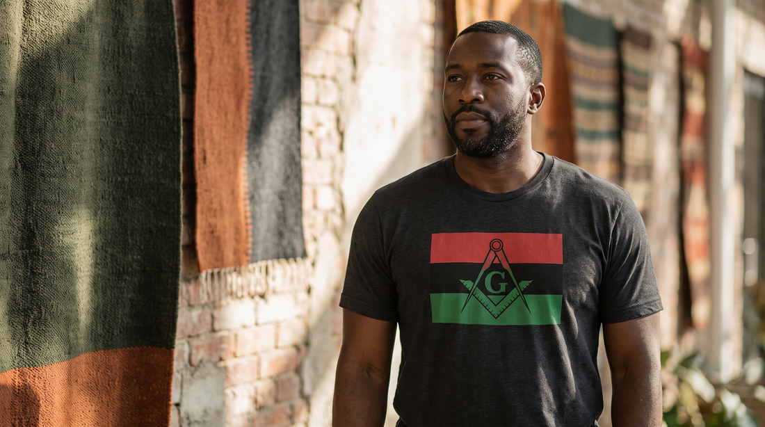 A proud man wearing a Pan-African flag Masonic tee in red, black and green