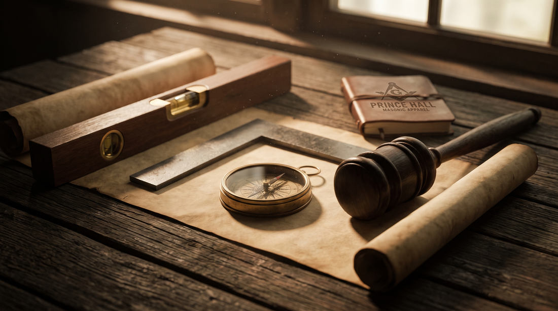 Masonic working tools — square, compass, level, and gavel — arranged on aged wood