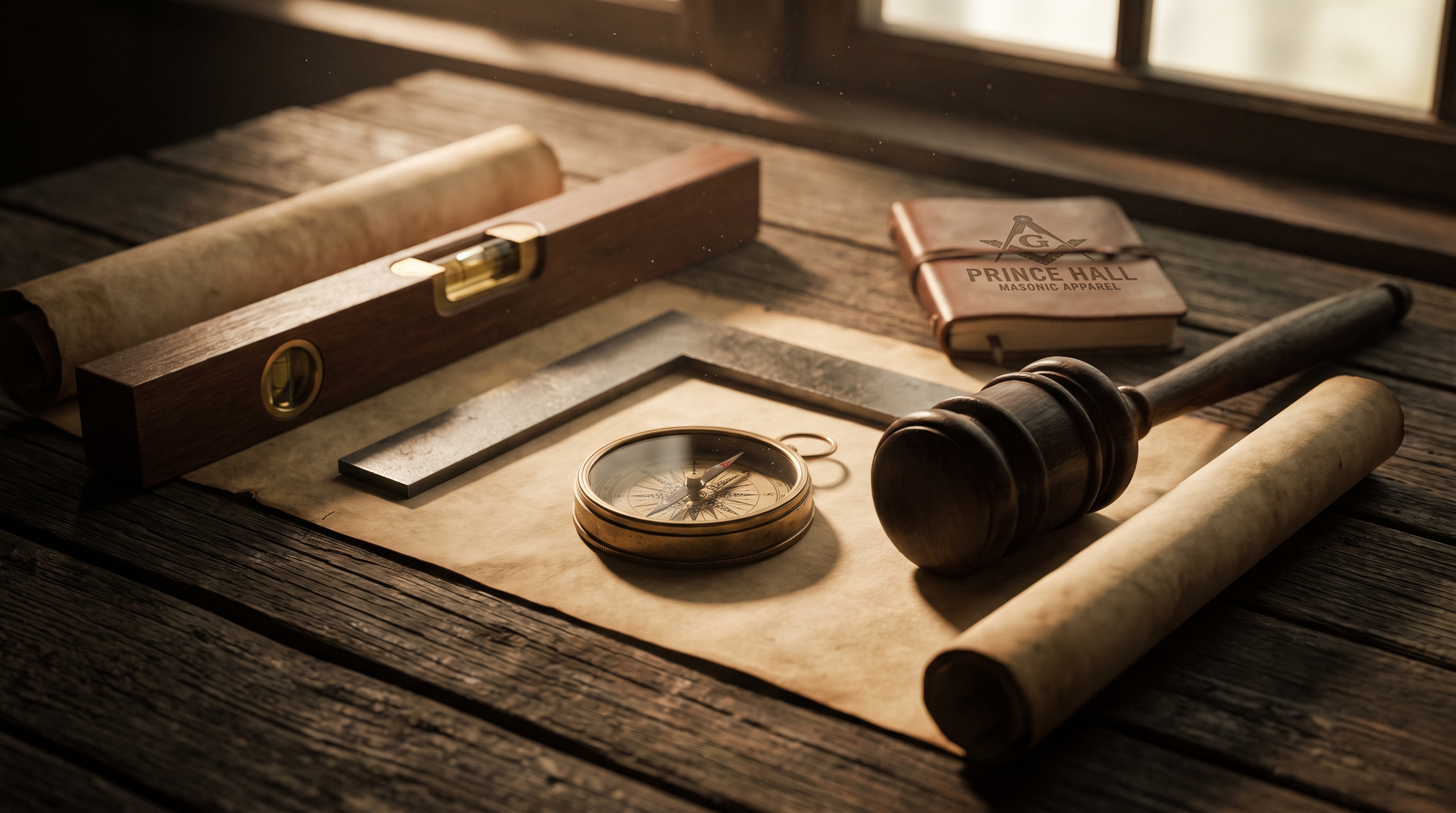 Masonic working tools — square, compass, level, and gavel — arranged on aged wood