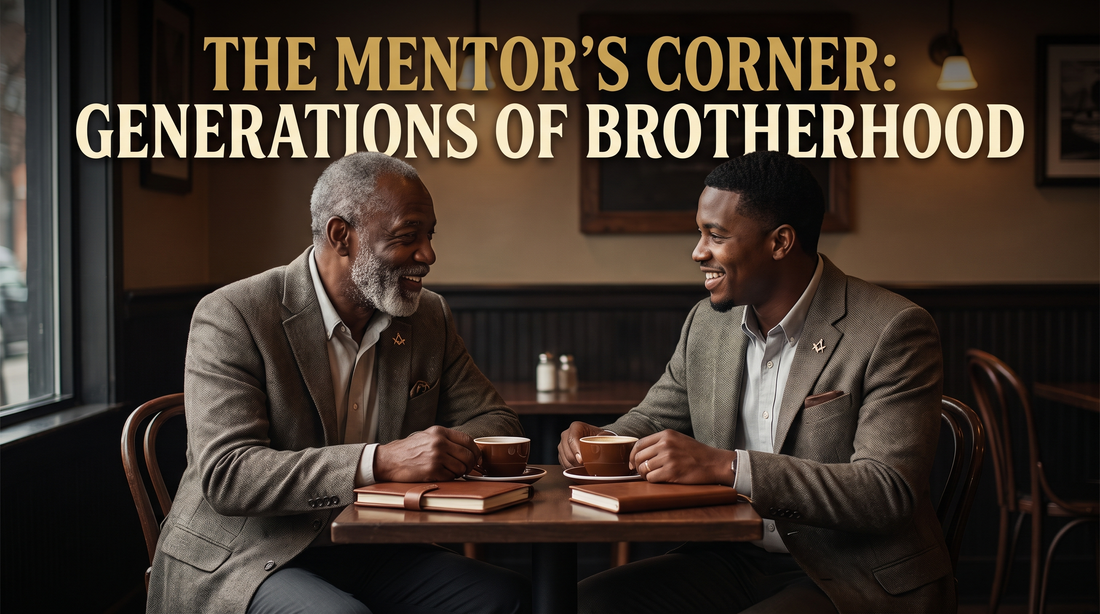An older Prince Hall Freemason mentoring a younger Brother in conversation