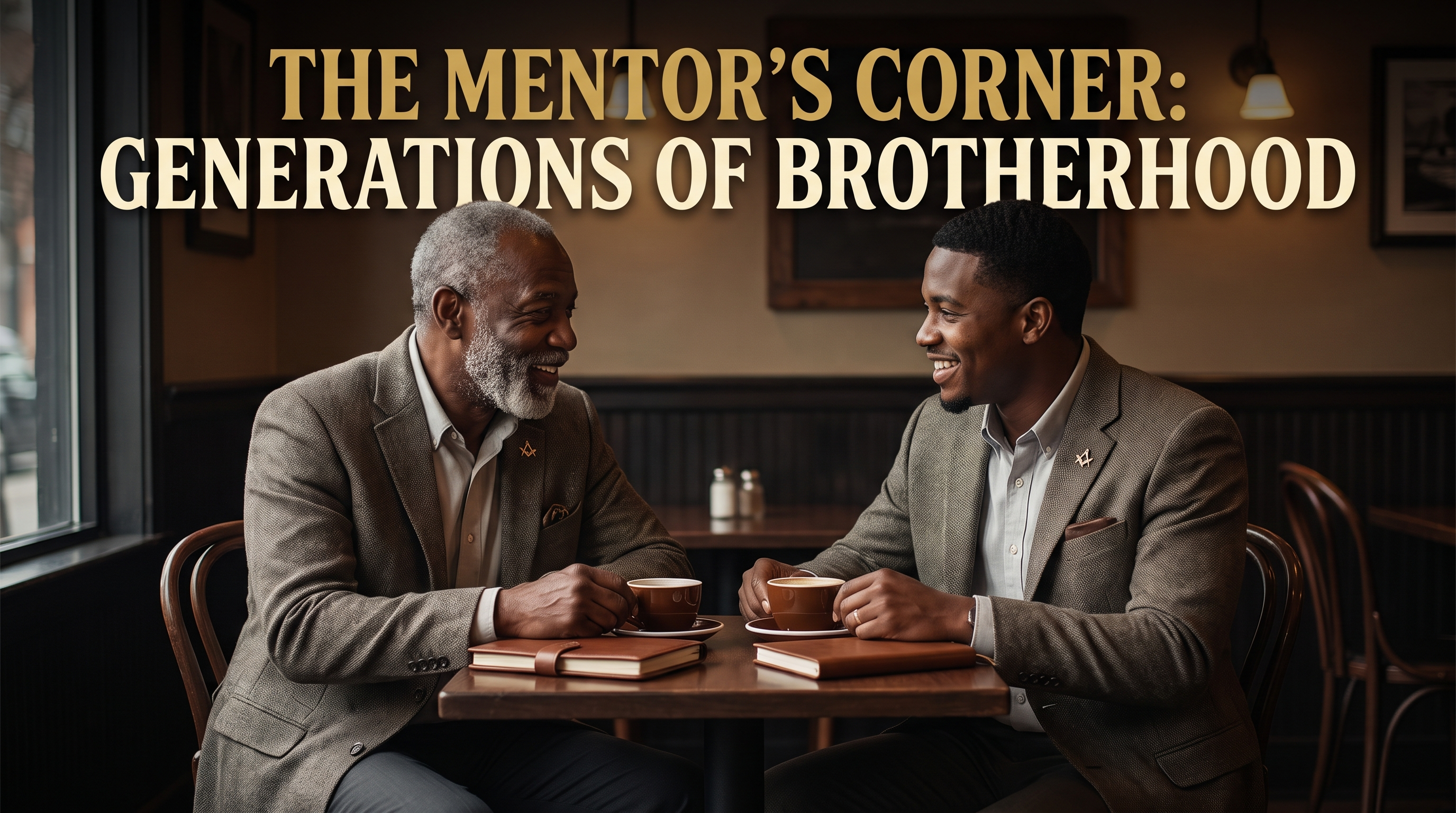 An older Prince Hall Freemason mentoring a younger Brother in conversation