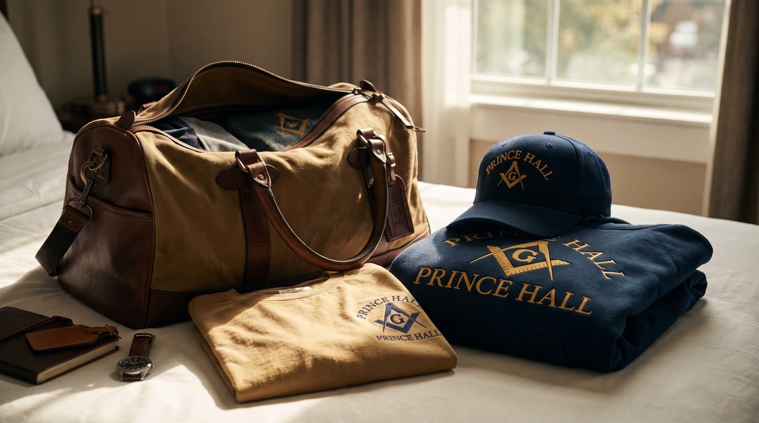A packed weekender duffel with folded Masonic apparel, travel-ready in warm morning light